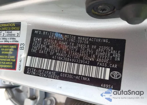 2009 Toyota Avalon Xl z USA, uszkodzony, nr VIN 4T1BK36B49U329542